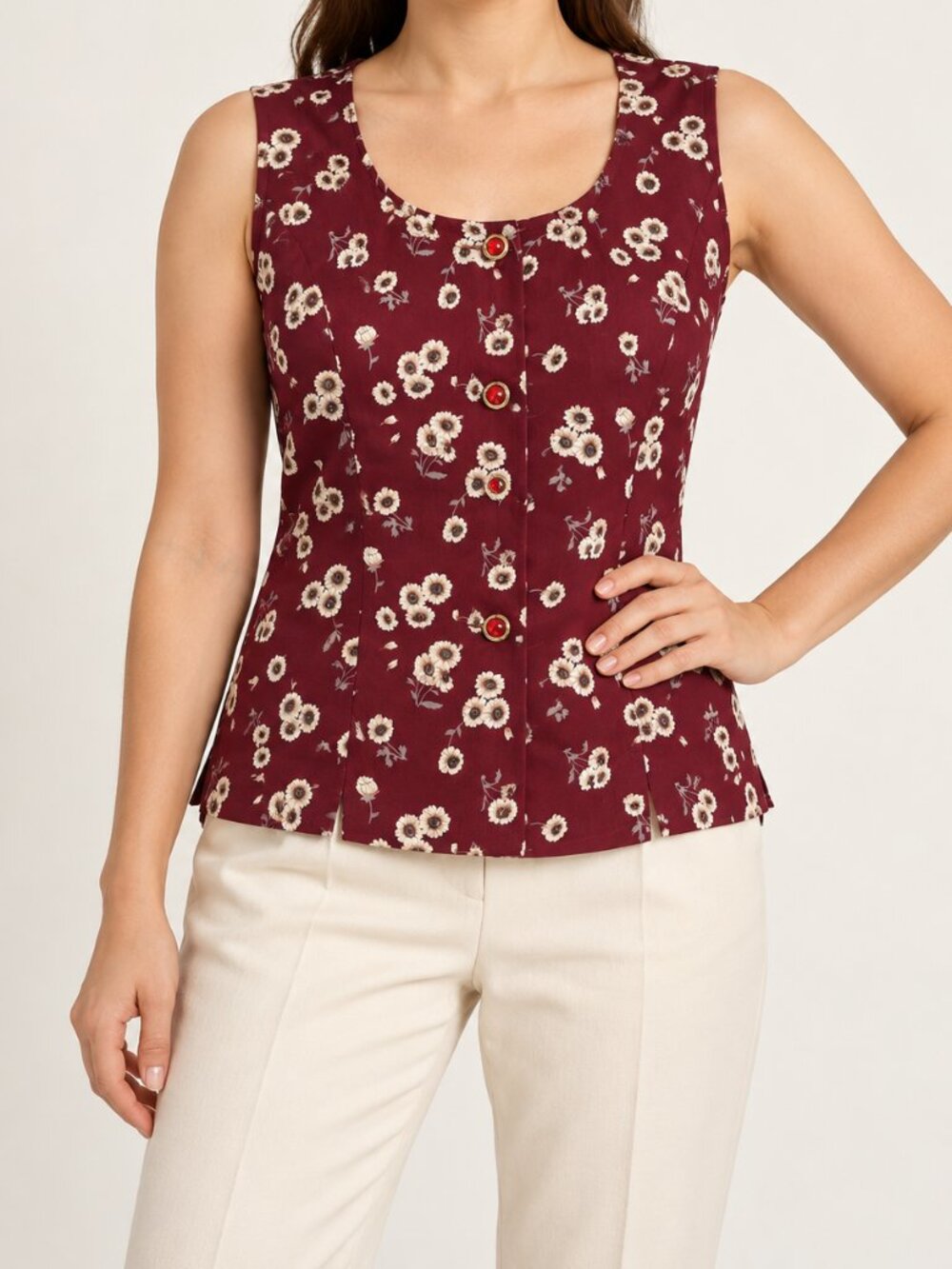 Burgundy Cream Floral Sleeveless Button Front Blouse